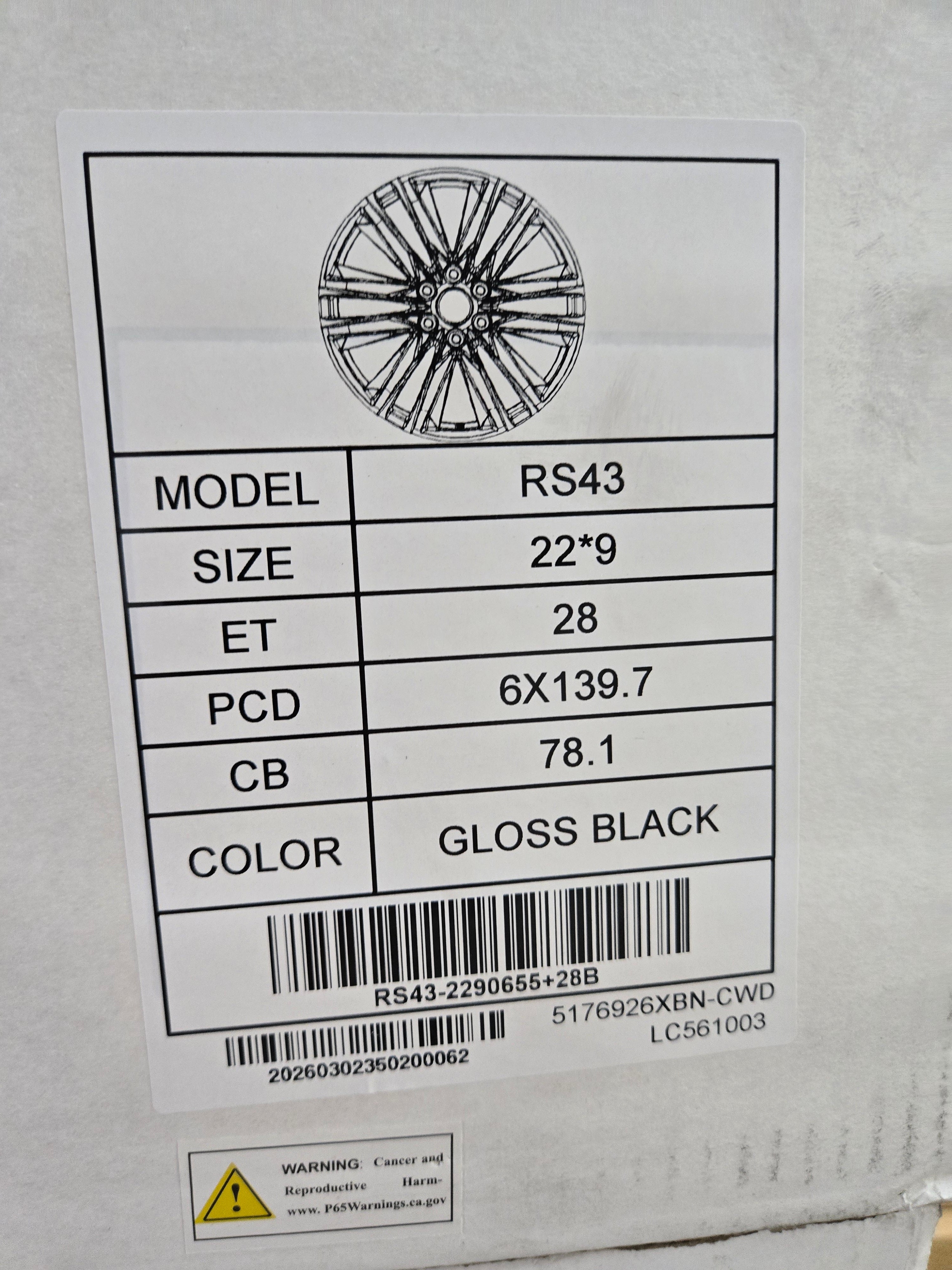 RS43 22X9.0 6X139.7 GLOSS BLACK CB78.1 ET28