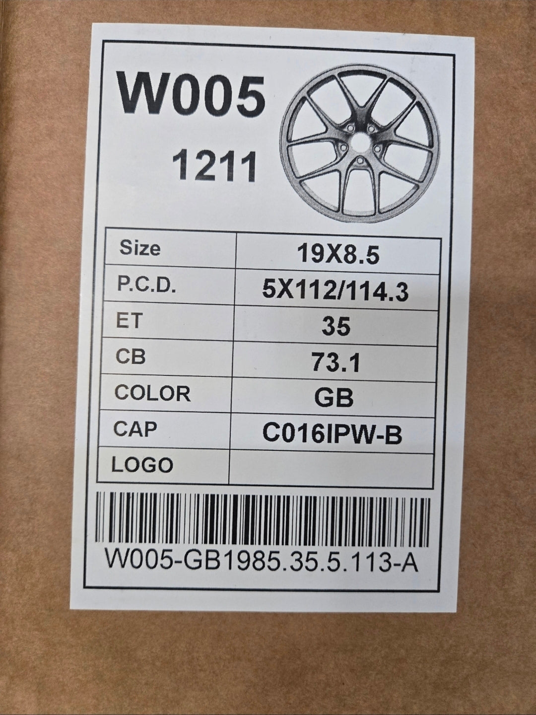 W005 19X8.5 5X112. 5X114.3 GLOSS BLACK CB73.1 ET35