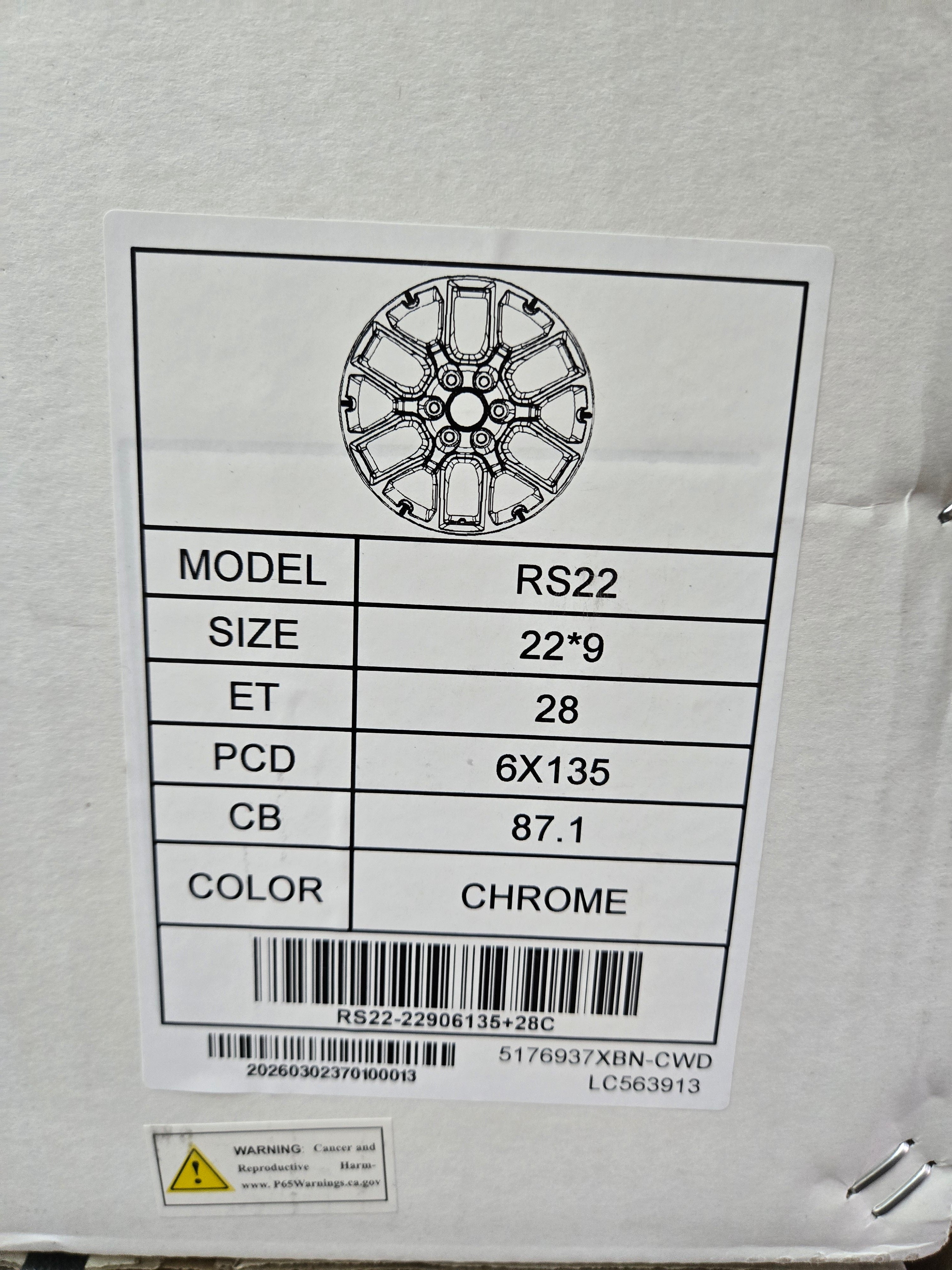 RS22 22X9.0 6X135 CROME CB87.1 ET28