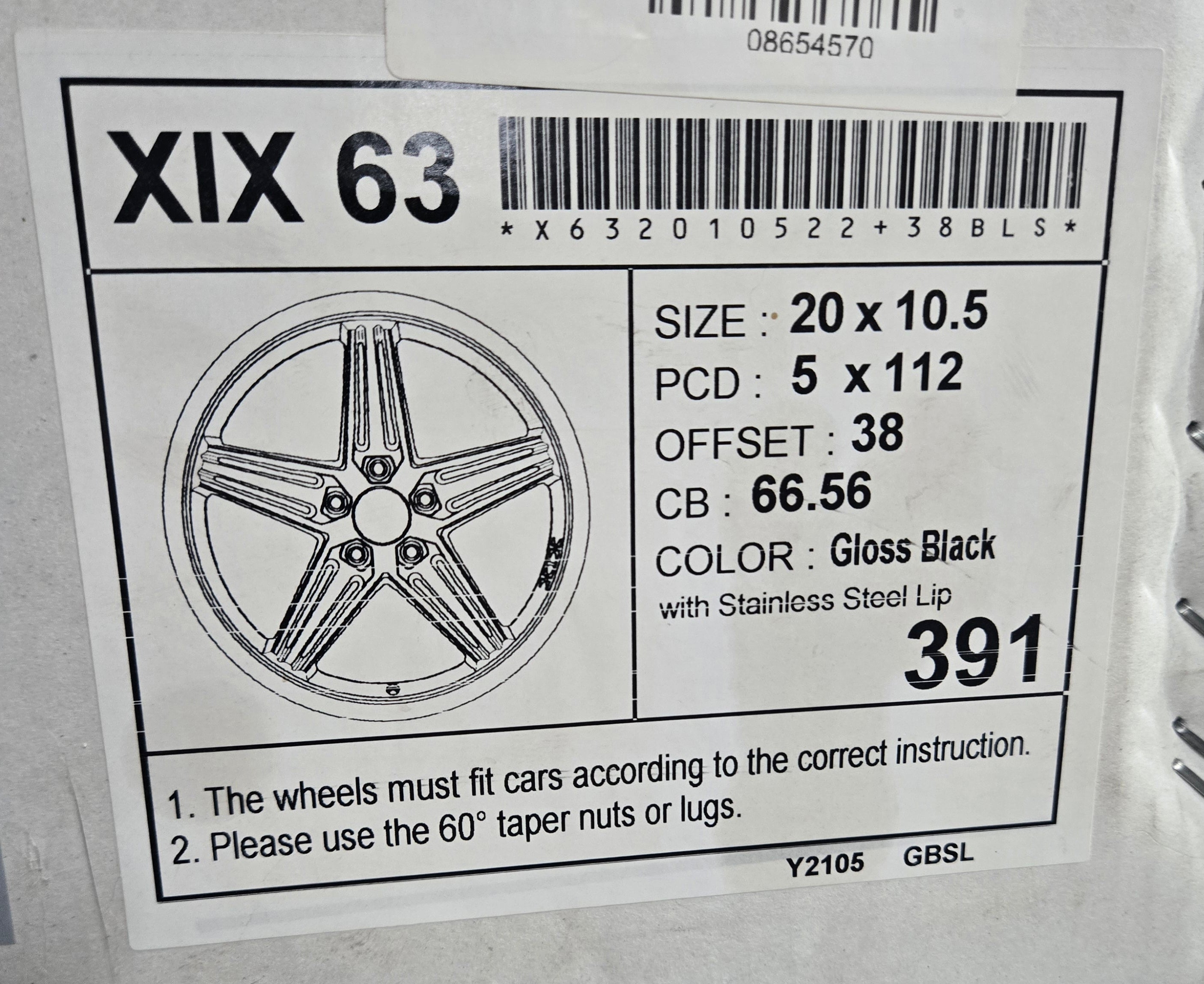 XIX X63 20X10.5 5X112 GLOSS BLACK CB66.6 ET40