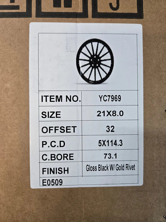 YC7969 21X8.0 5X114.3 GLOSS BLACK W GOLD RIVERT CB73.1 ET32