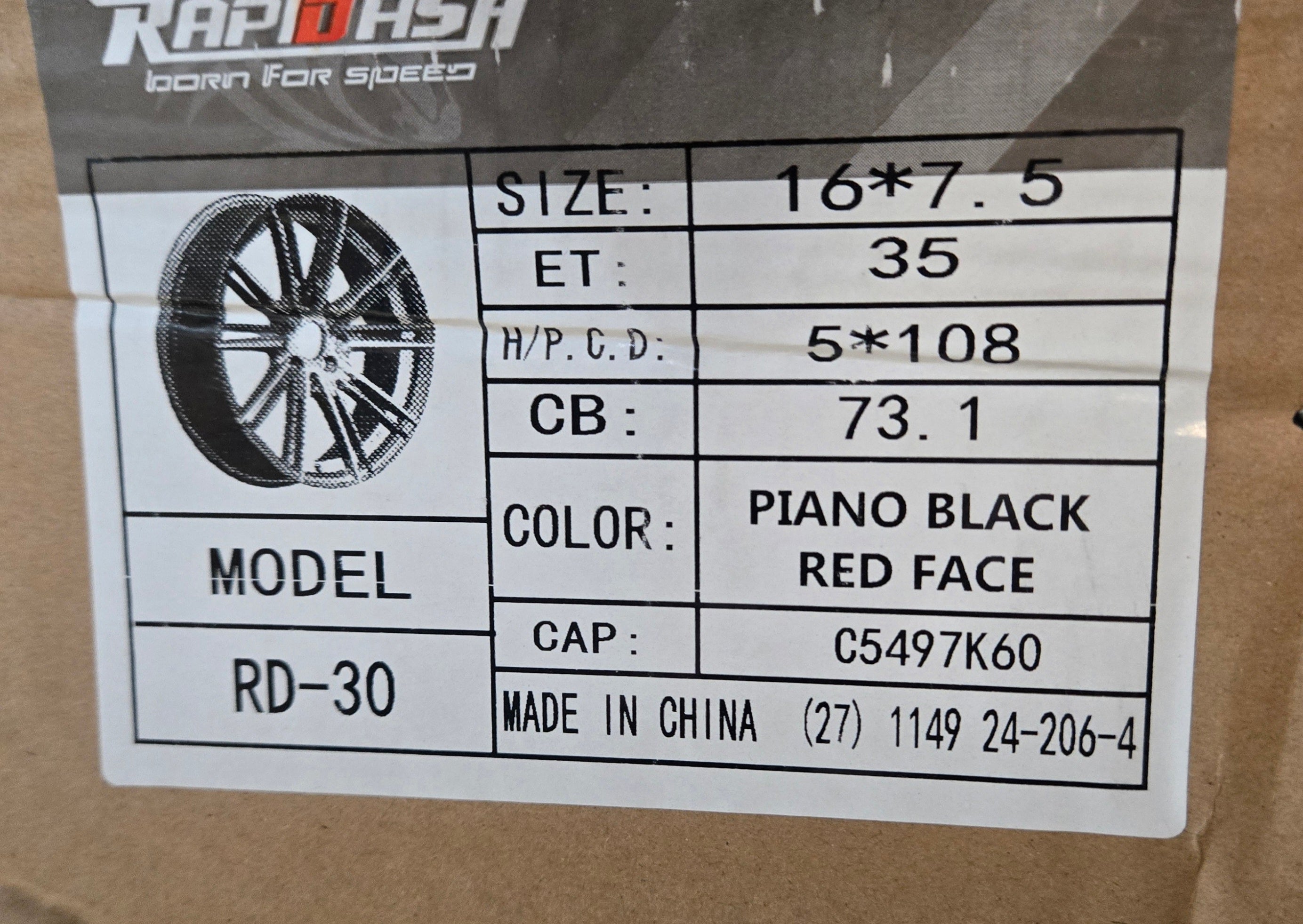 RAPIDASH RD30 16X7.5 5X108 PIANO BLACK RED FACE RED UNDER CUT CB73.1 ET35