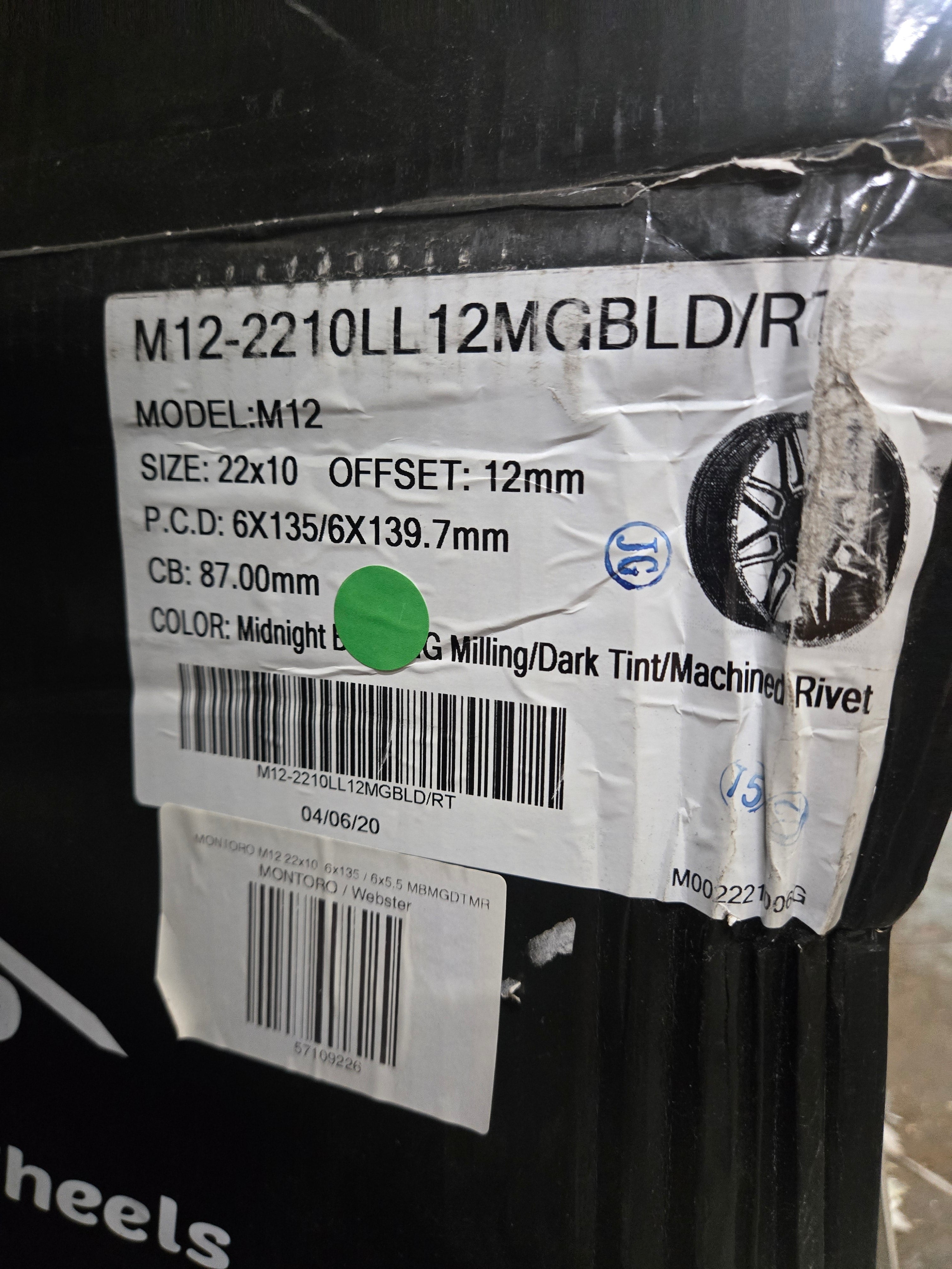 M12 22X10.0 6X135 6X139.7 BLACK MILLING DARK TINT MACHINED CB87 ET12