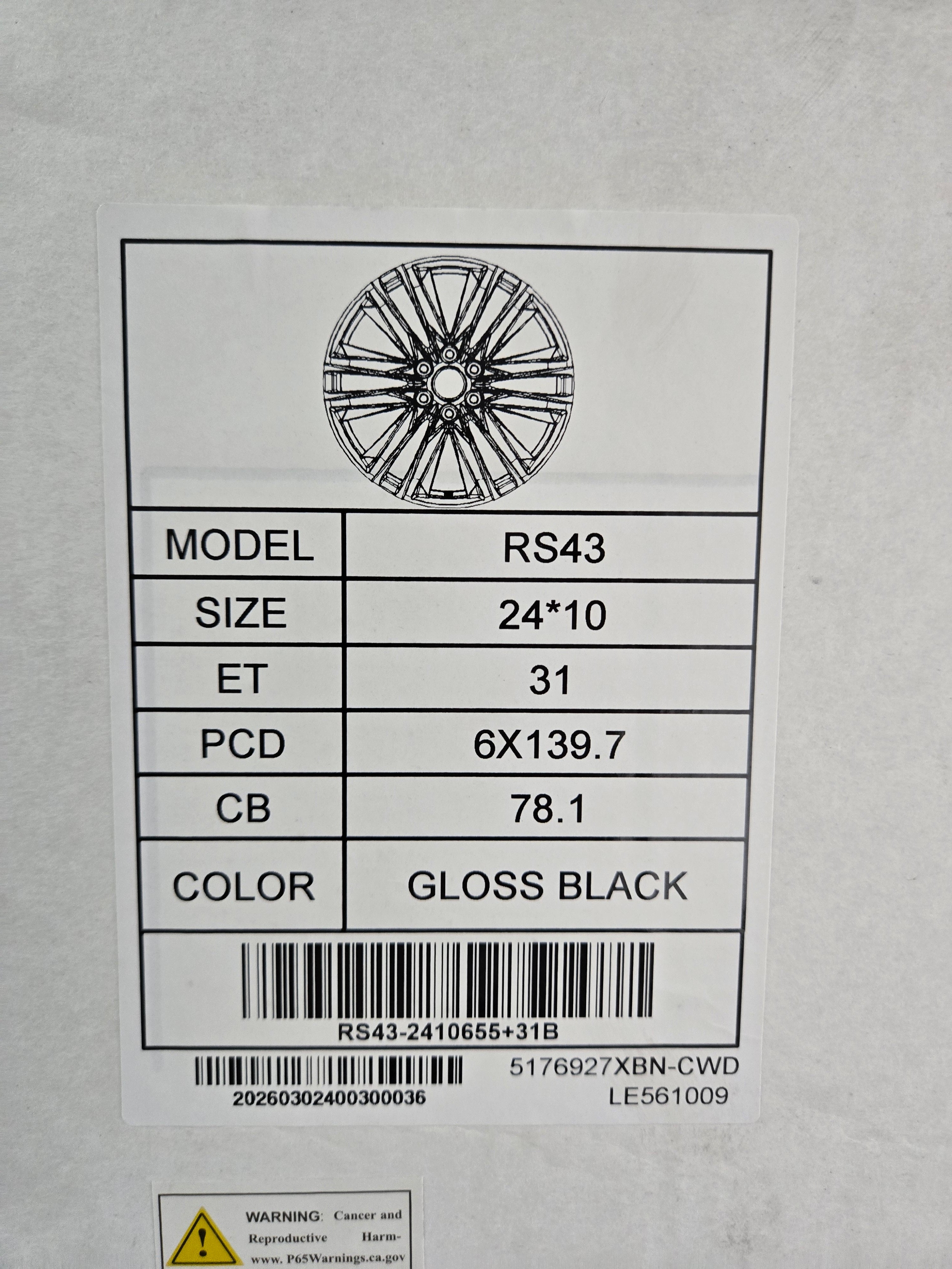 RS43 24X10.0 6X139.7 GLOSS BLACK CB78.1 ET31