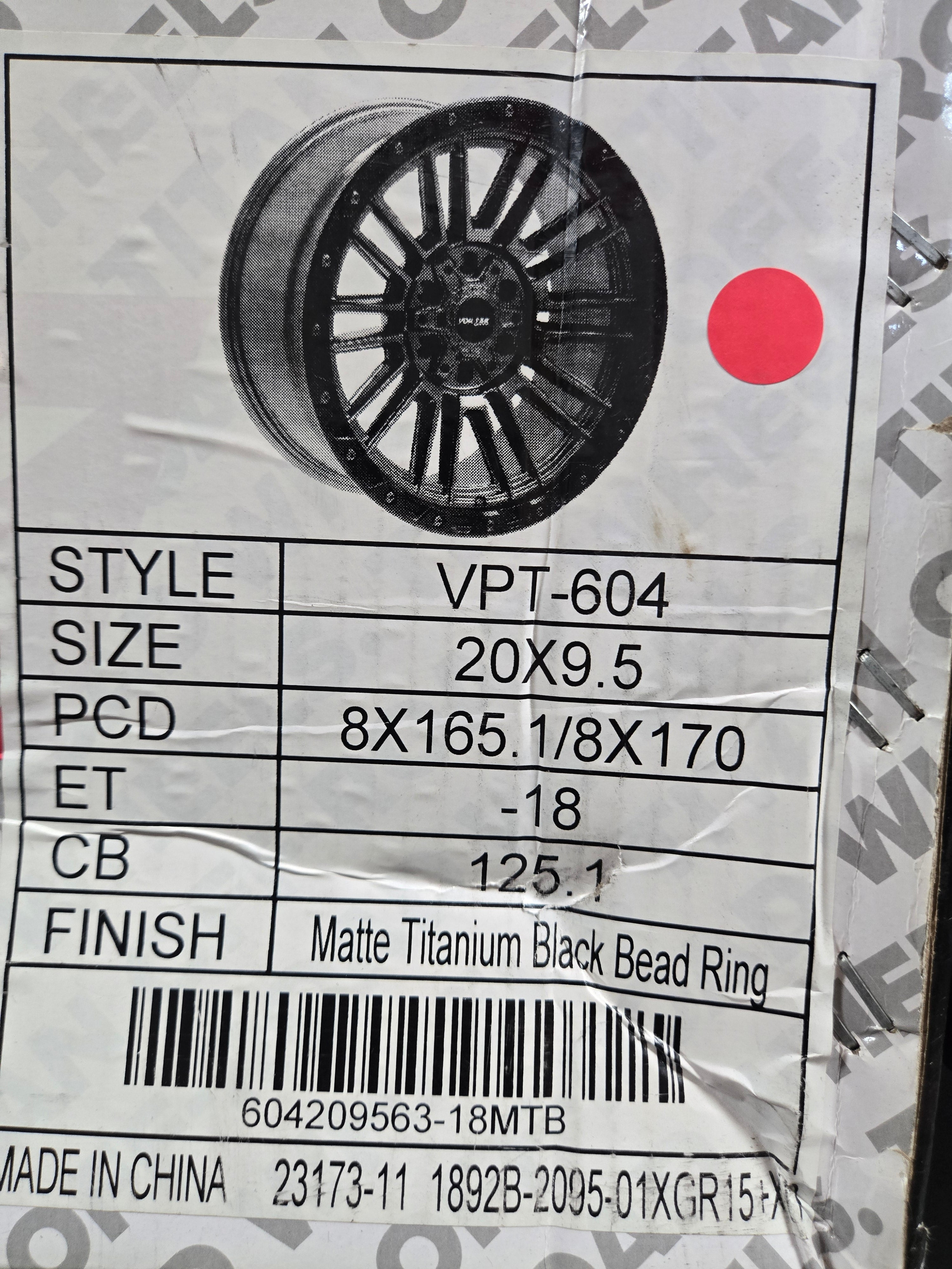 VPT-604 20X9.5 8X165 8X170 MATTA TITANIUM BLACK RING CB125.1 ET18