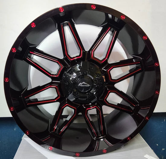 M12 22X10 5X127 MIDNIGHT BLACK MG RED TINT RED RIVETS