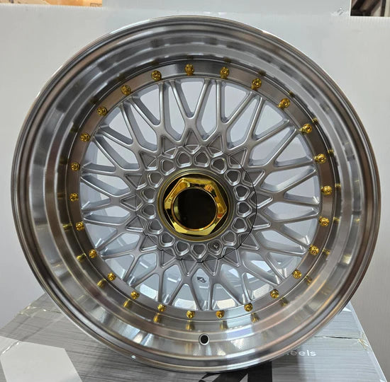 RAPIDASH 17x8.5 5x100 / 5x114.3 PEARL SILVER MACHINE LIP AND GOLD RIVETS