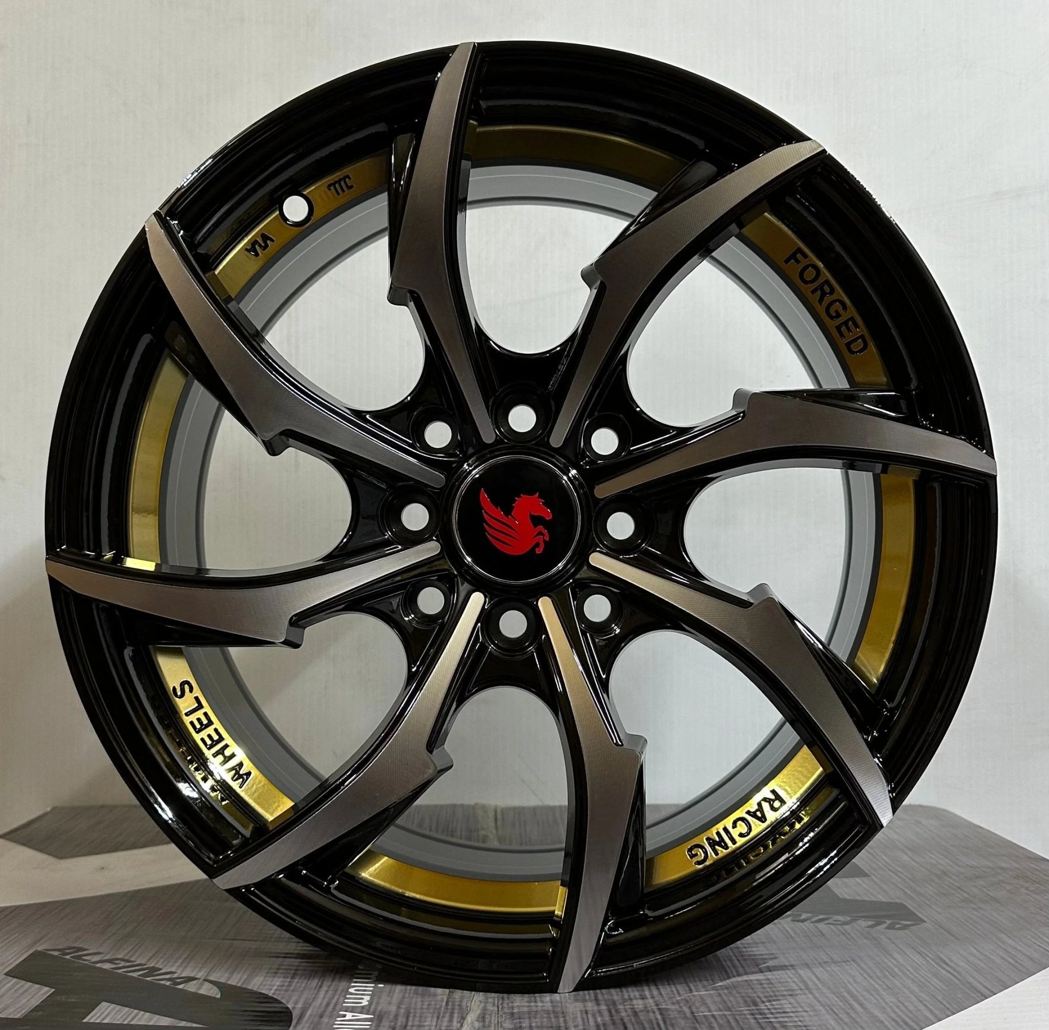 PEGASUS-G1005 15x7.0 4x100 / 4x114.3 GLOSS BLACK MACHINED FACE GOLD UNDER CUT
