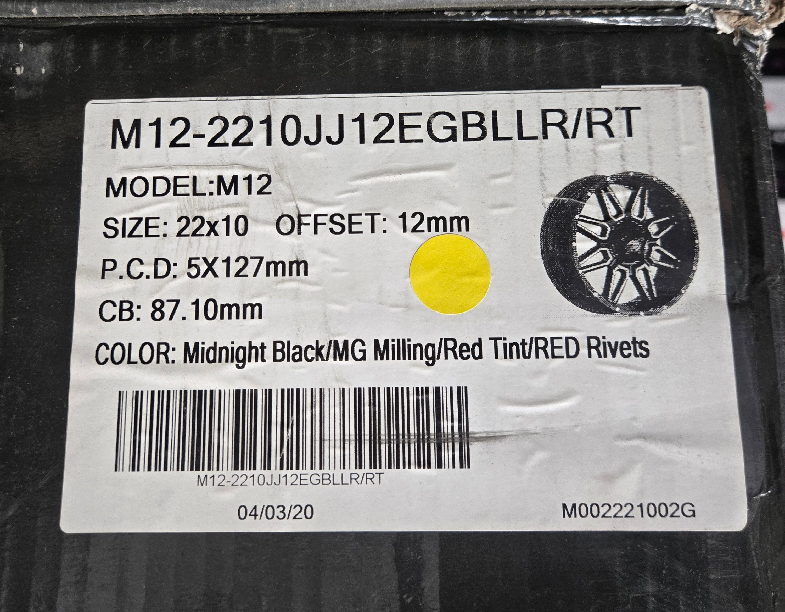 M12 22X10 5X127 MIDNIGHT BLACK MG RED TINT RED RIVETS CB87 ET10