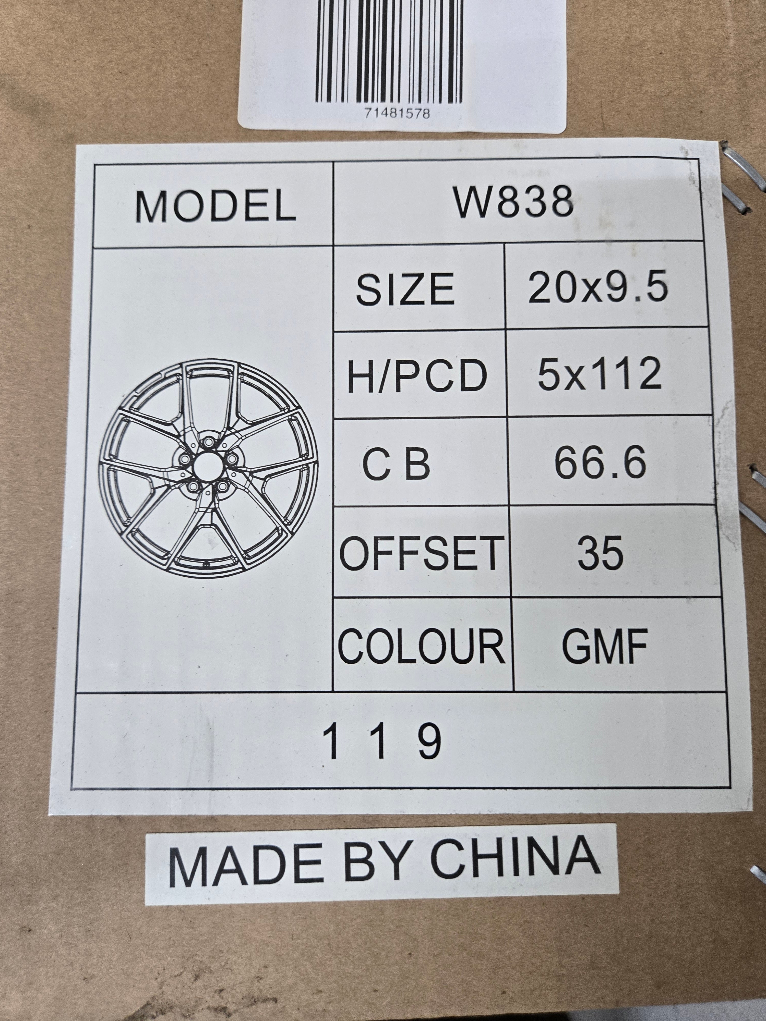 W838 20X9.5 5X112 GUNMETAL FACE CB66.6 ET35