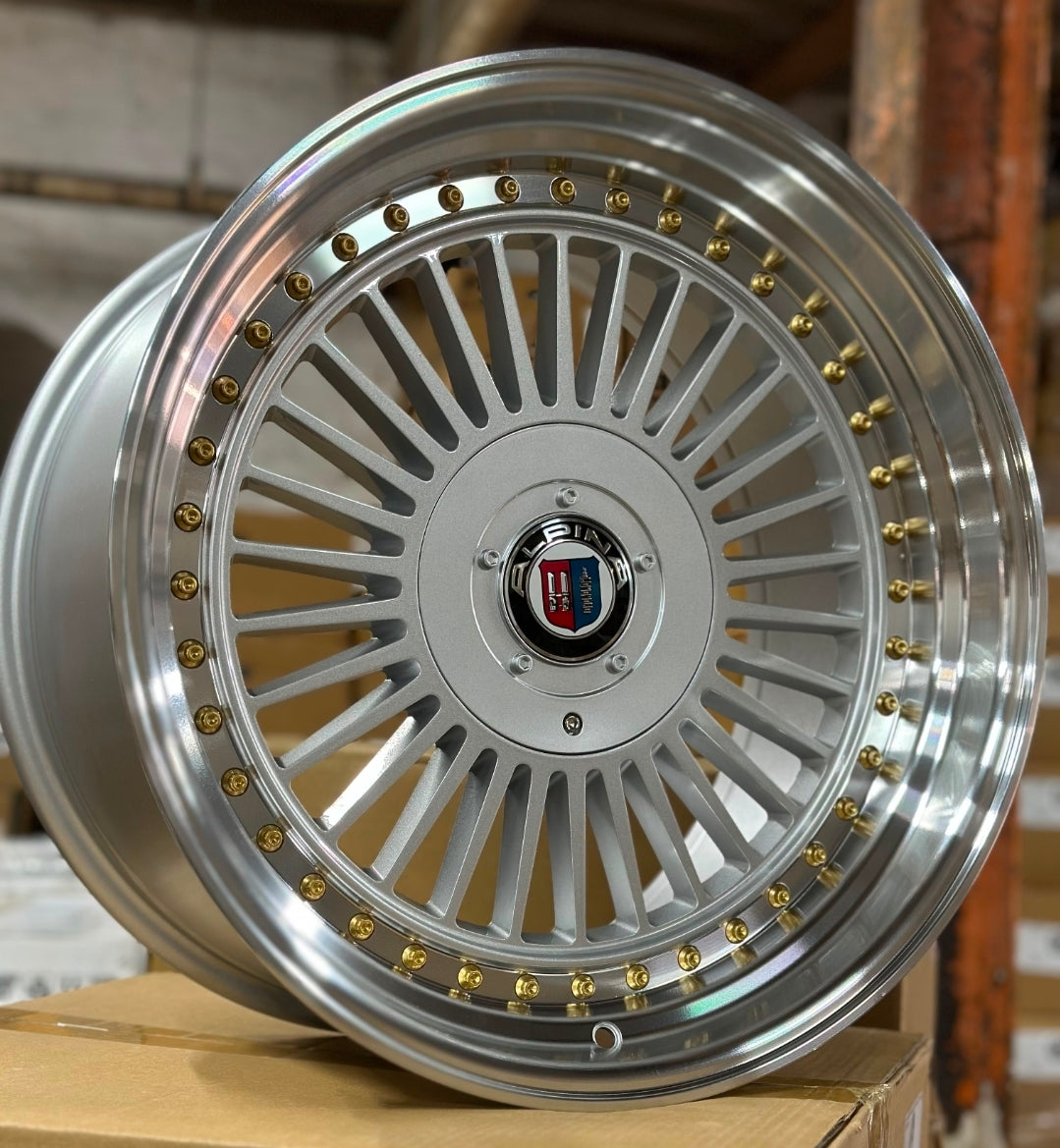 2413 ALPINA STYLE 19X9.0 5X112 5X120 SILVER MACHINED LIP/GOLD RIVETS CB74.1 ET20