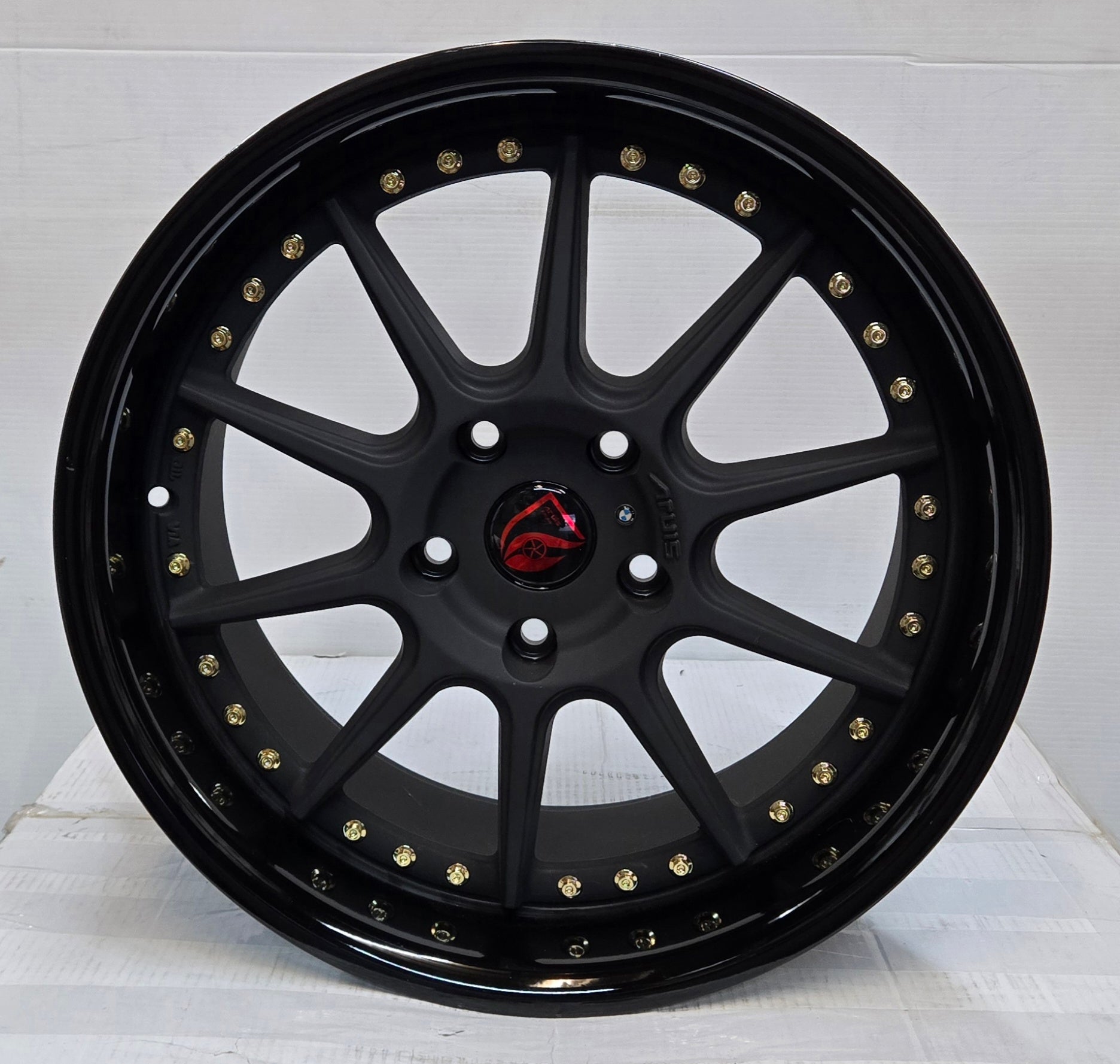 AF 07 18X9.0 5X120 MATT BLACK POLISLISHED LIP GOLD RIVETS CB74.1 ET35