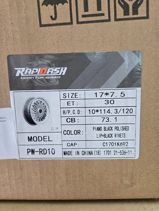 PW-RD10 17X7.5 5X120 5X114.3 GLOSS BLACK MACHINE LIP + BLACK RIVETS