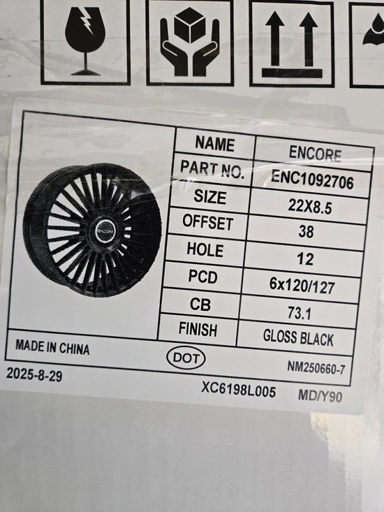 ENCORE 22X8.5 6X120 6X127 GLOSS BLACK FLOATING CAP