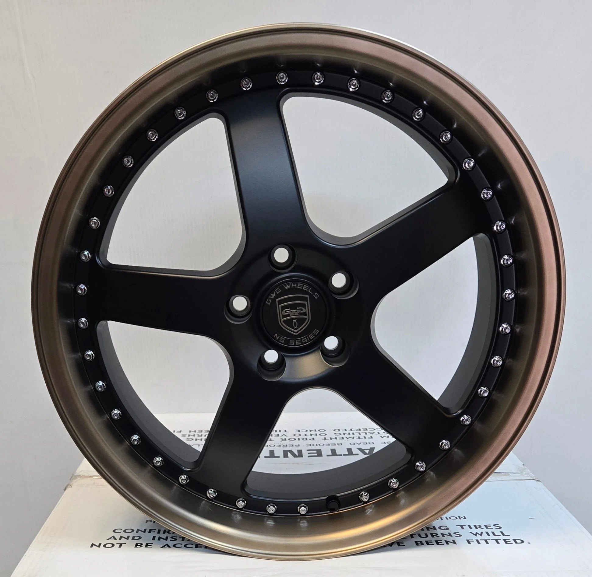 GWG NS8 19x8.5 5x114.3 SATIN BLACK BRONZE LIP SILVER RIVETS CB74.1 ET33