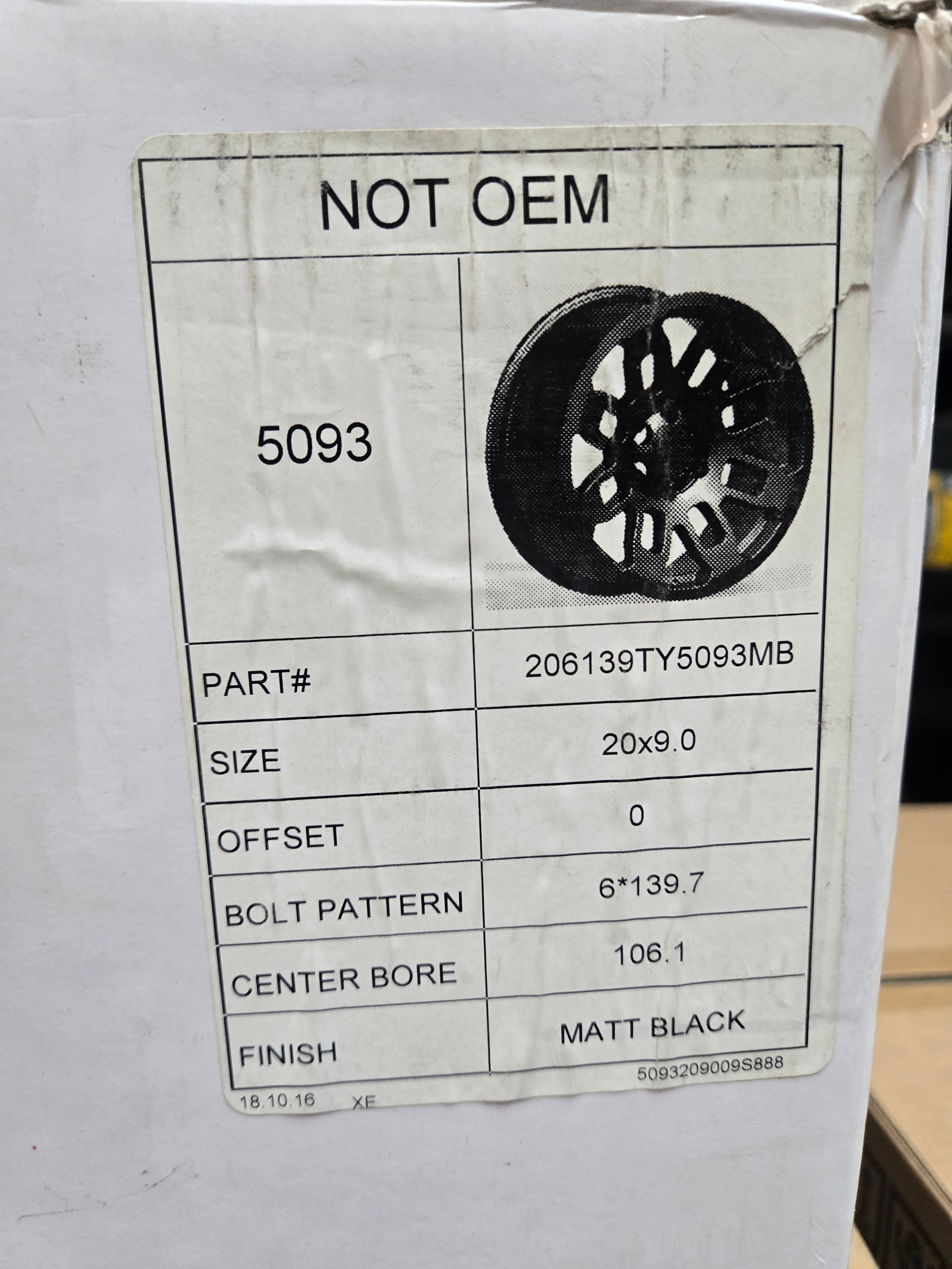 NOT OEM 5093 20X9.0 6X139.7 MATTE BLACK CB106 ET-0