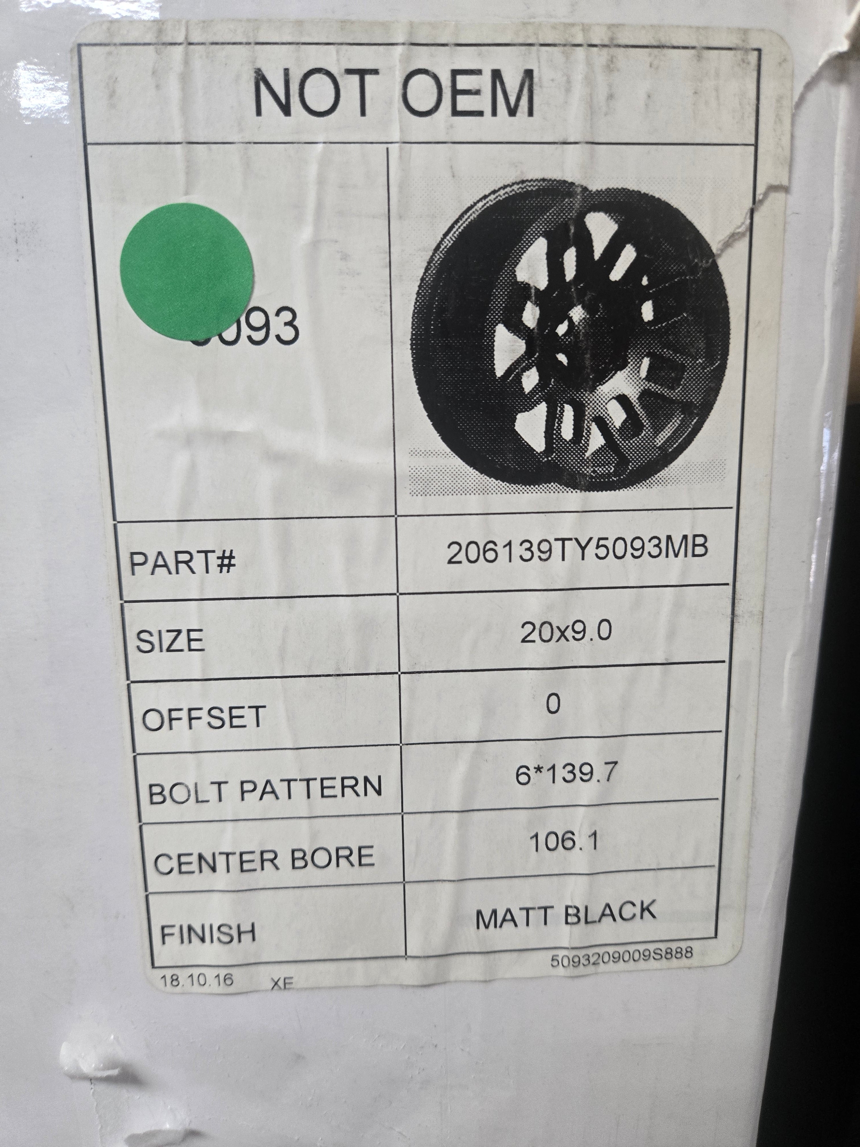 NOT OEM 5093 20X9.0 6X139.7 MATTE BLACK CB106 ET-0