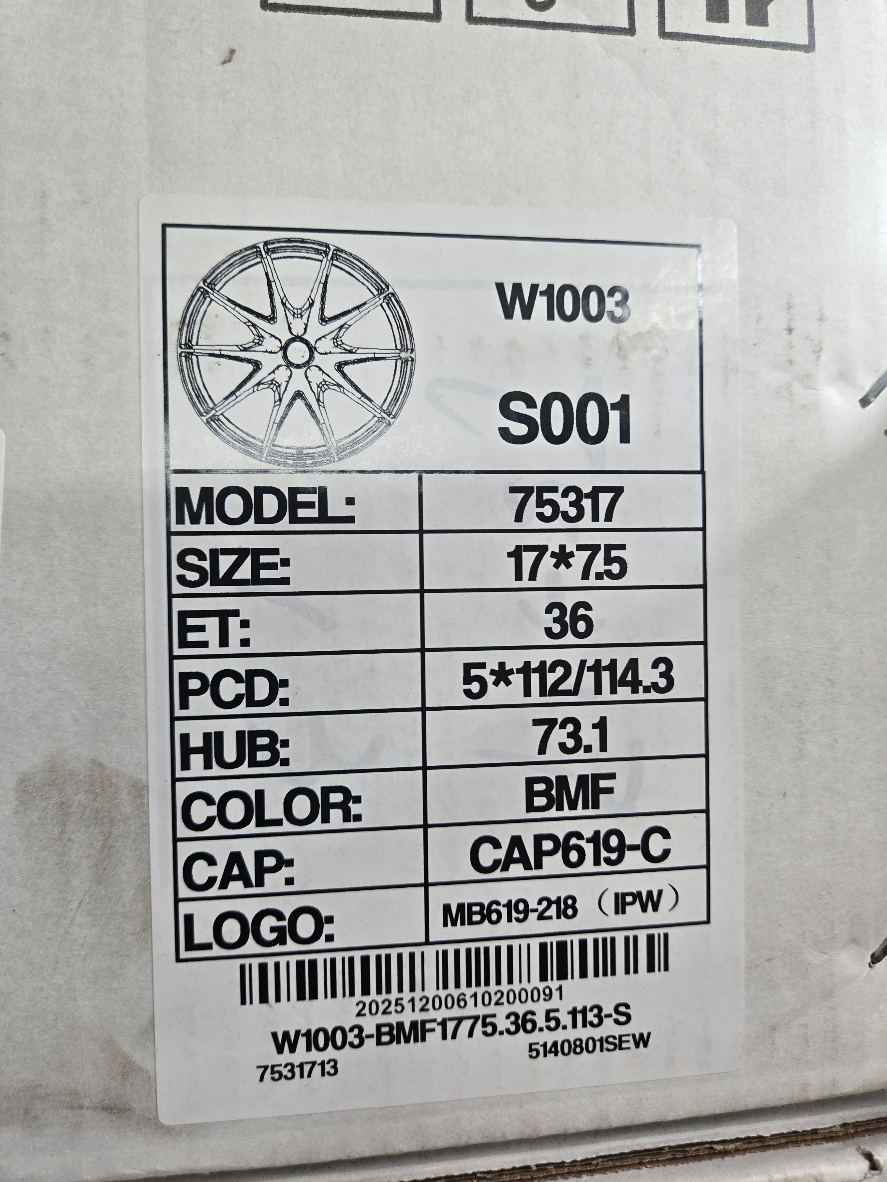 W1003 17X7.5 5X112 5X114.3 BLACK MACHINED FACE CB73.1 ET36