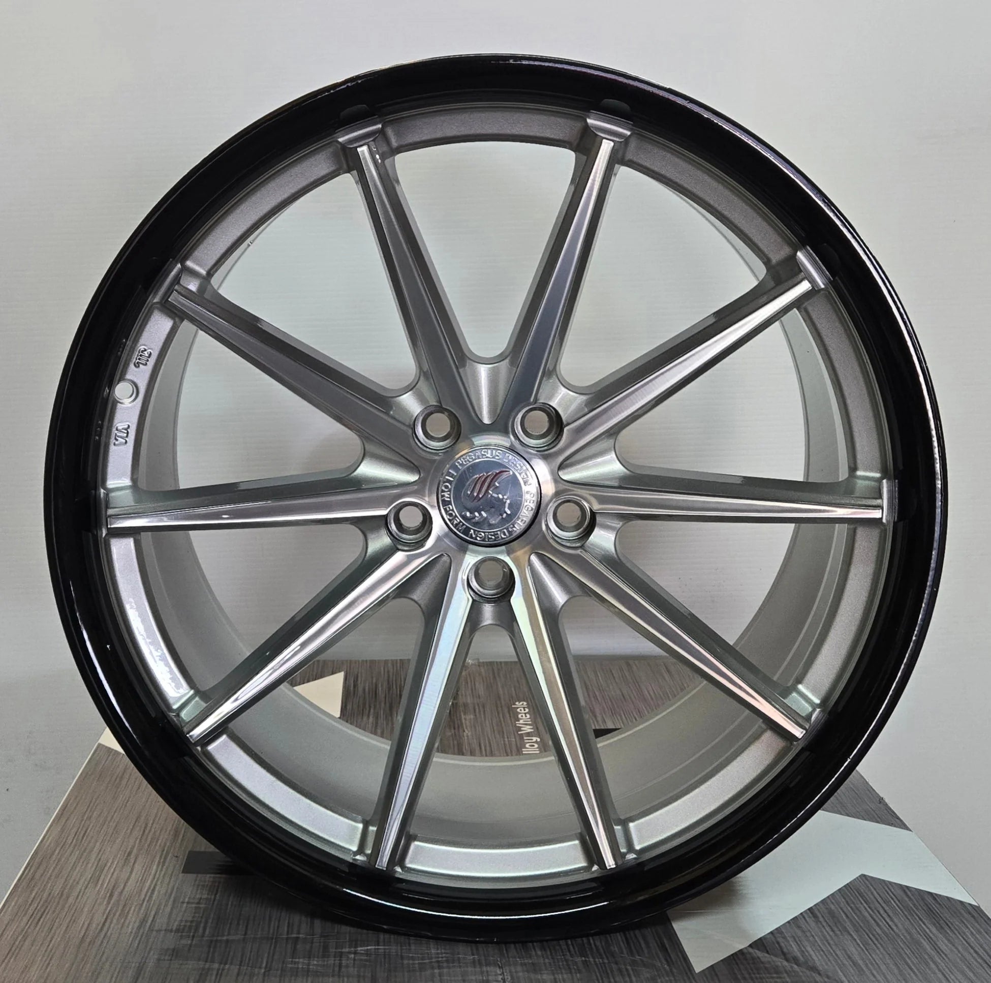 PEGASUS FF53 20X10 5X112 5X114.3 BUSHED SILVER FACE BLACK LIP CB73.1 ET38