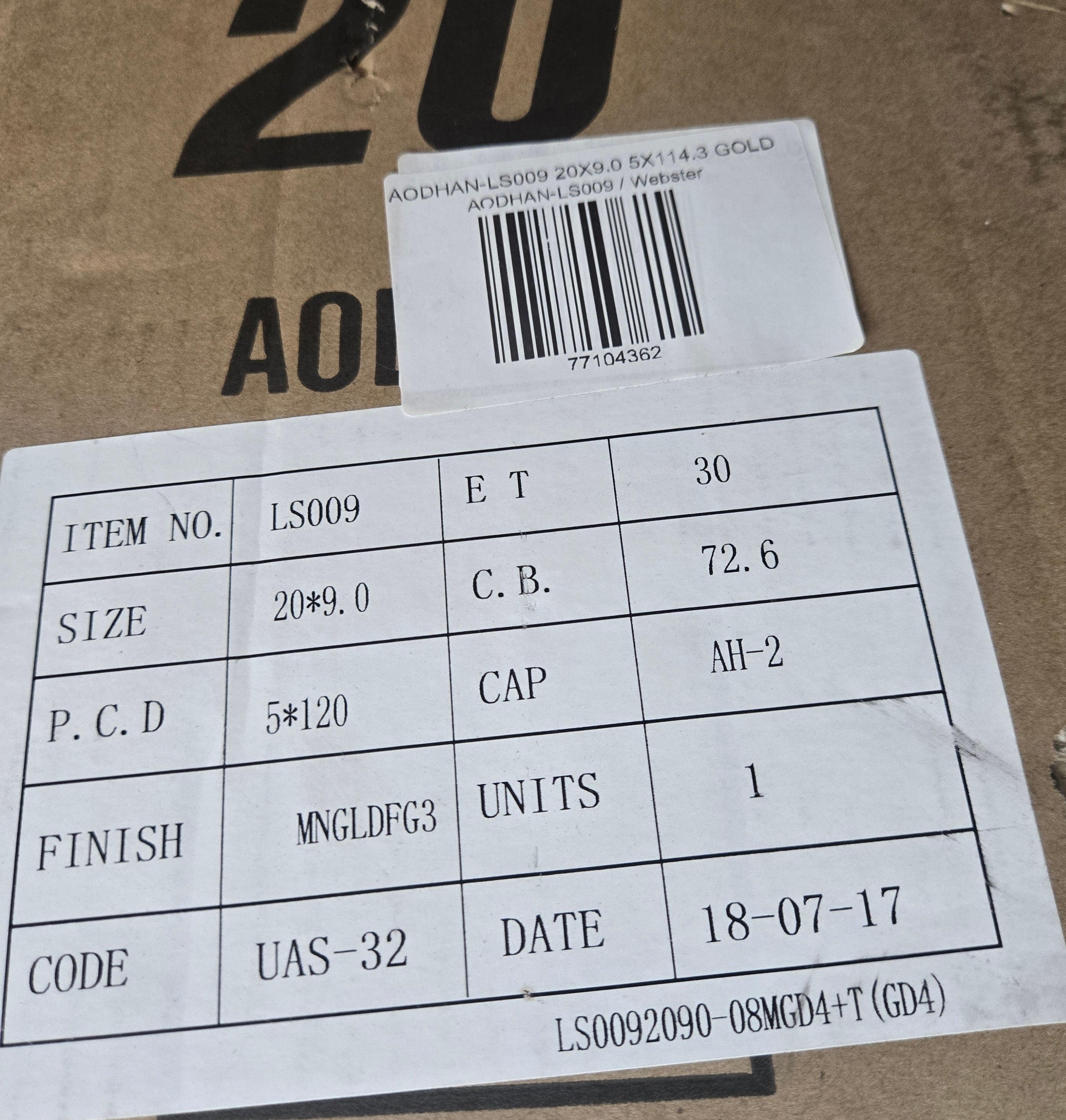 AODHAN LS009 20X9.0 5X114.3 CB72.1 ET30
