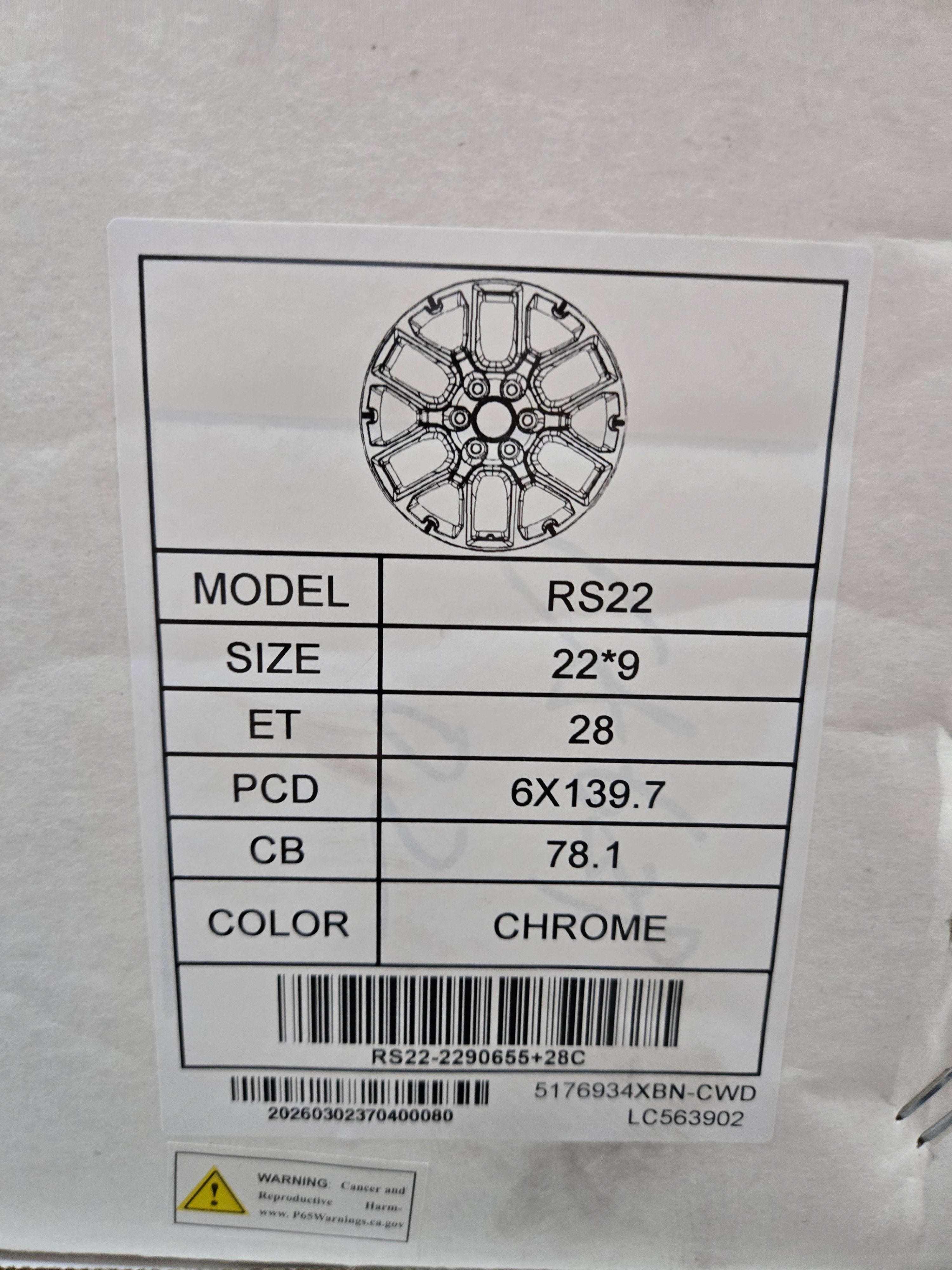 RS22 22X9.0 6X139.7 CHRME CB78.1 ET28