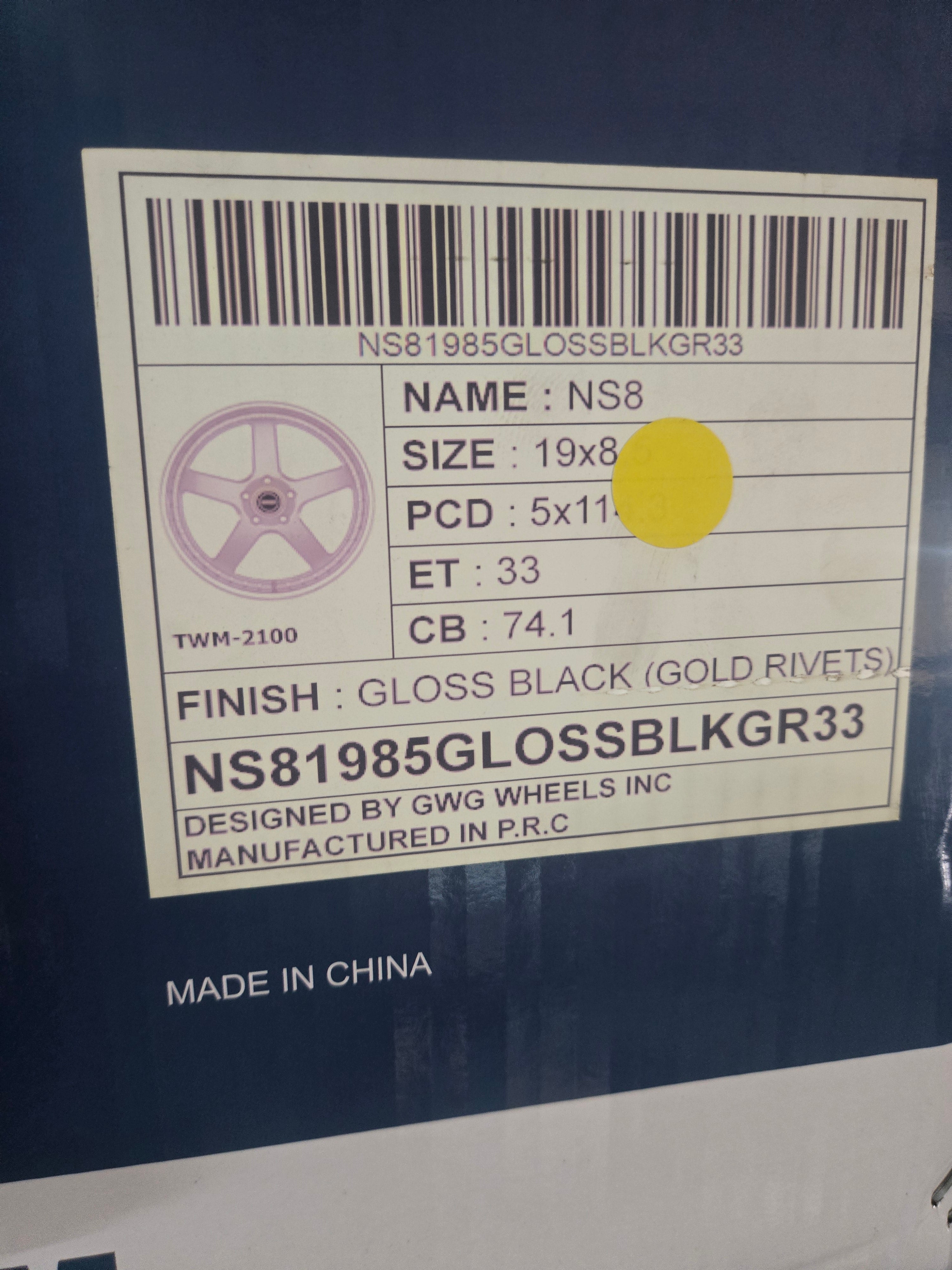 GWG NS8 19x8.5 GLOSS BLACK GOLD RIVETS CB74.1 ET32